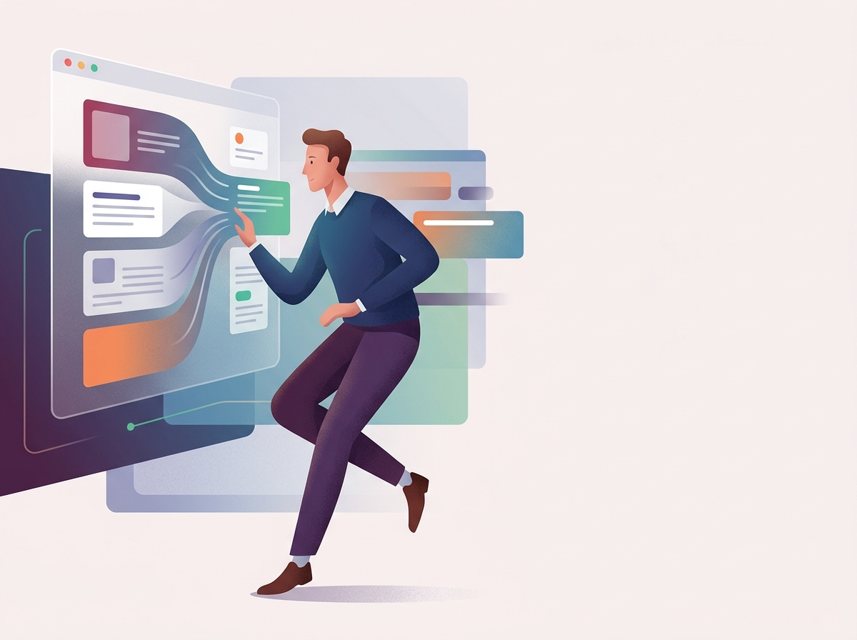 Stylizowany przedsiębiorca spokojnie obserwuje zautomatyzowany przepływ treści na bezpiecznej platformie, symbolizujący efektywne HTTPS SSL SEO.