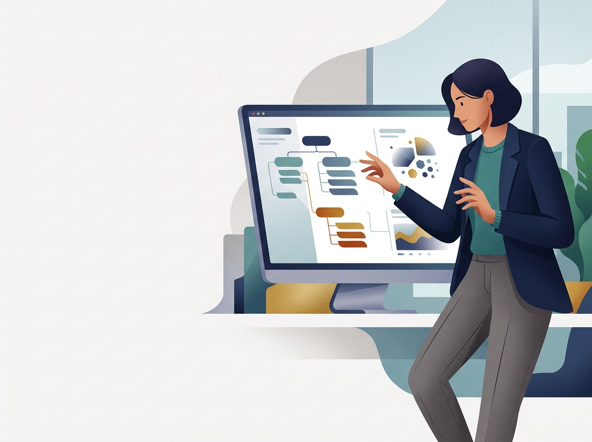 Stylizowany specjalista analizuje strukturę witryny i słowa kluczowe na ekranie, optymalizując czynniki rankingowe Google.