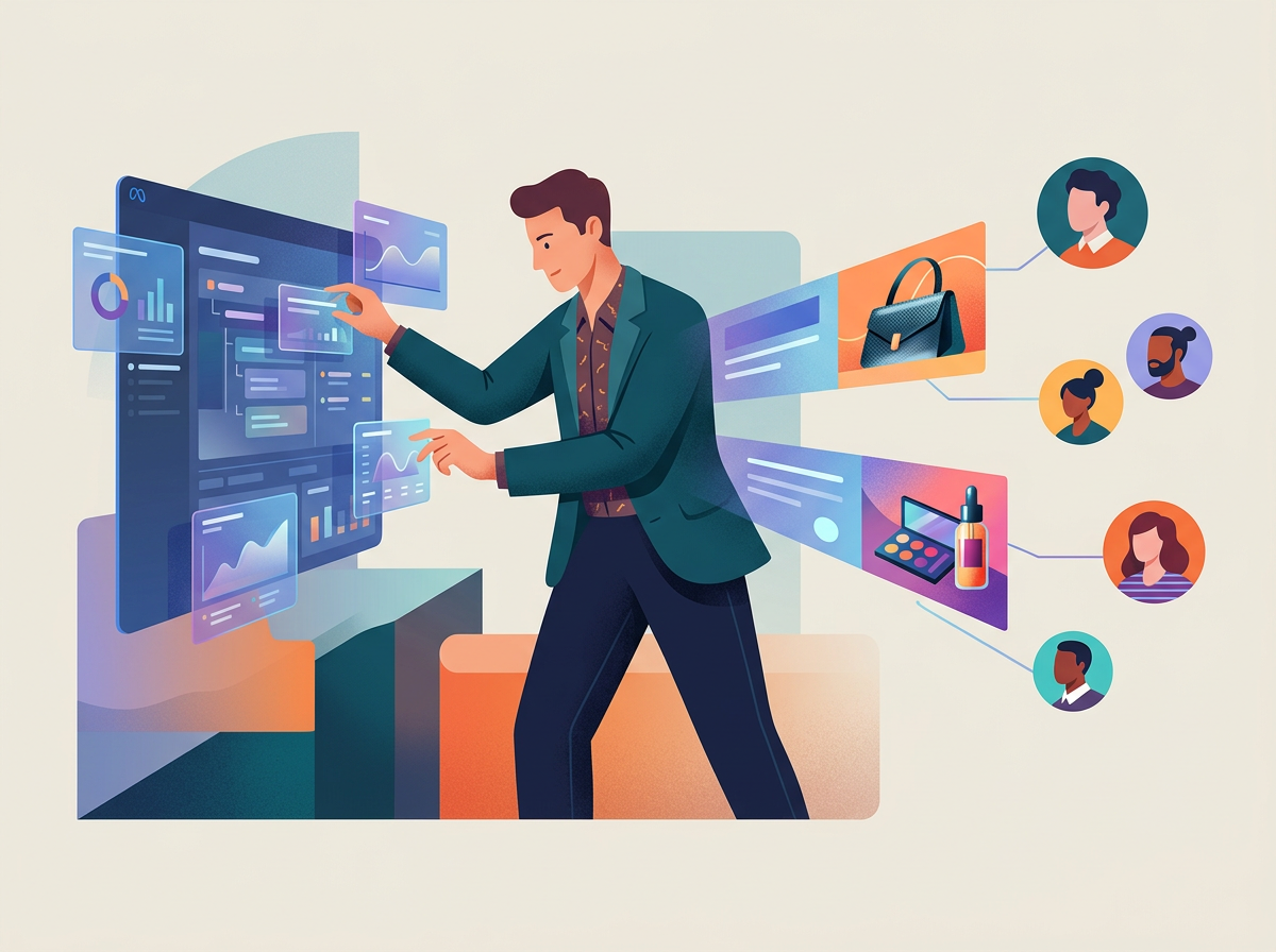 Stylizowany strateg precyzyjnie kieruje wizualnymi reklamami Meta Ads do odbiorców, ilustrując efektywność SEO vs SEM vs PPC.