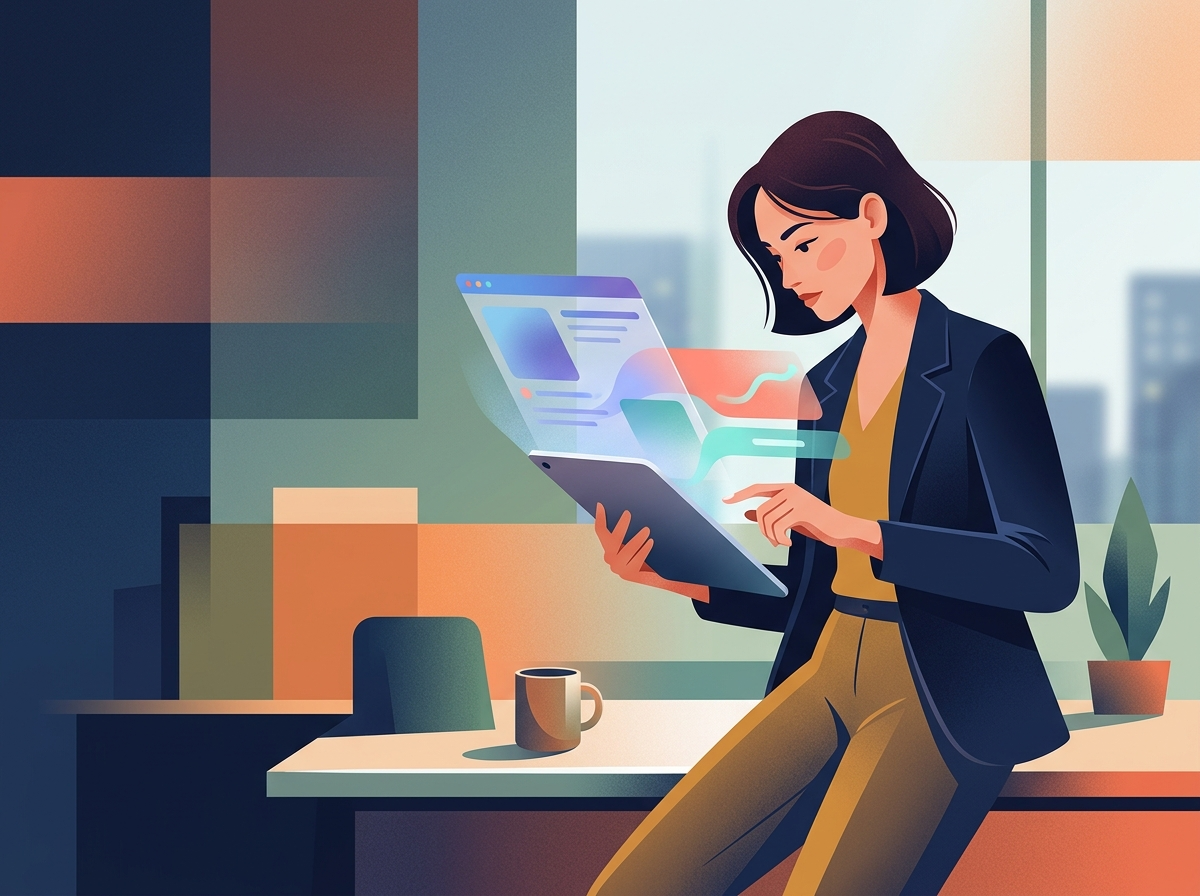 Stylizowany strateg treści precyzyjnie optymalizuje tekst na tablecie, korzystając z narzędzi AI do pisania treści.