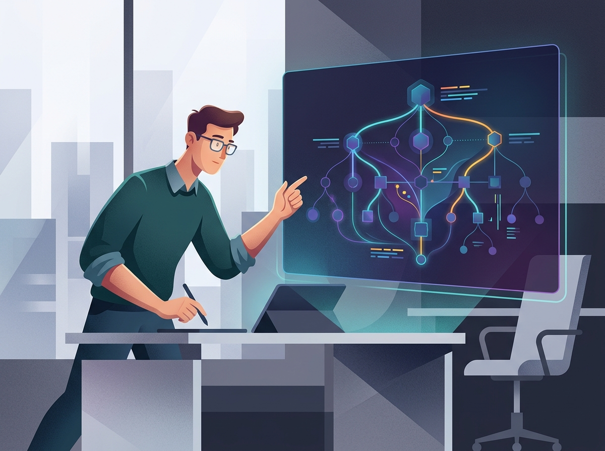 Stylizowany web developer optymalizuje cyfrową wizualizację idealnie połączonej mapa strony XML sitemap.