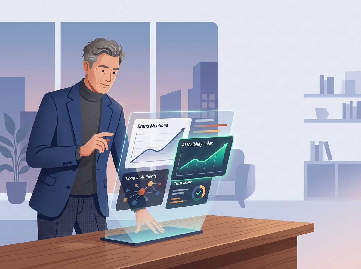 Stylizowany właściciel firmy analizuje dane E-E-A-T AI na holograficznym wyświetlaczu, ukazującym wzrost zaufania.