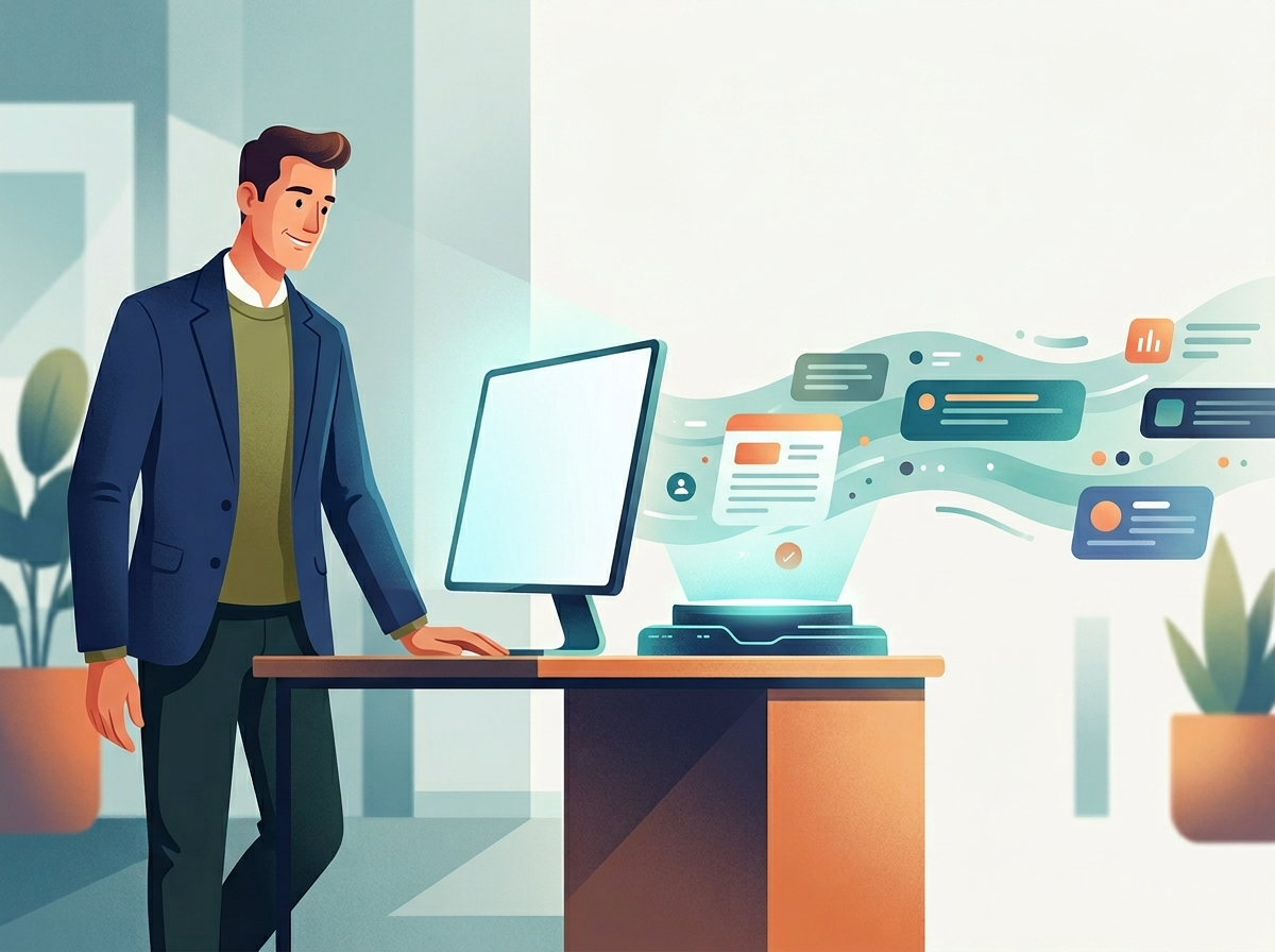 Stylizowany właściciel firmy obserwuje automatyczne generowanie treści dla AI Overviews Google na monitorze.
