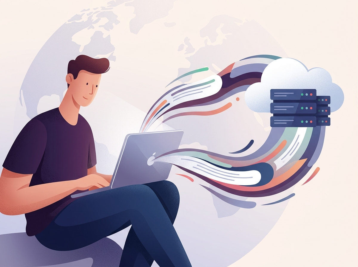 Zrelaksowana postać na laptopie, dynamiczny przepływ danych do chmury, symbolizujący szybkość ładowania strony.