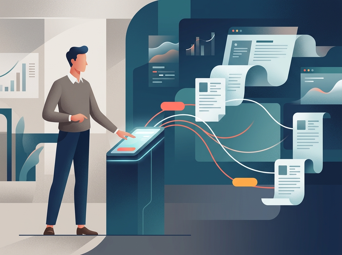 Biznesmen nadzorujący automatyczne tworzenie i inteligentne linkowanie treści, budujące topical authority.