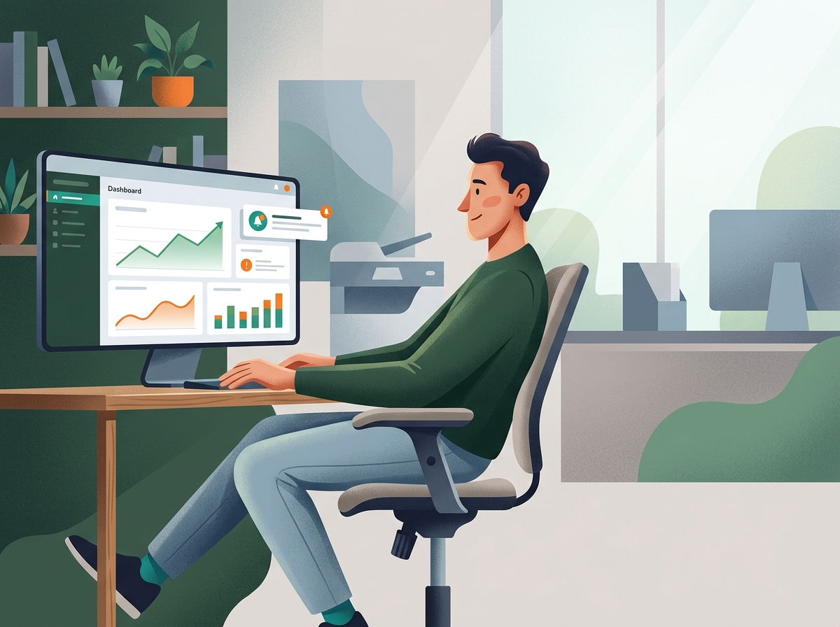 Cyfrowa ilustracja osoby zrelaksowanej przy monitorze, gdzie automatyzacja pomaga efektywnie pisać teksty SEO.