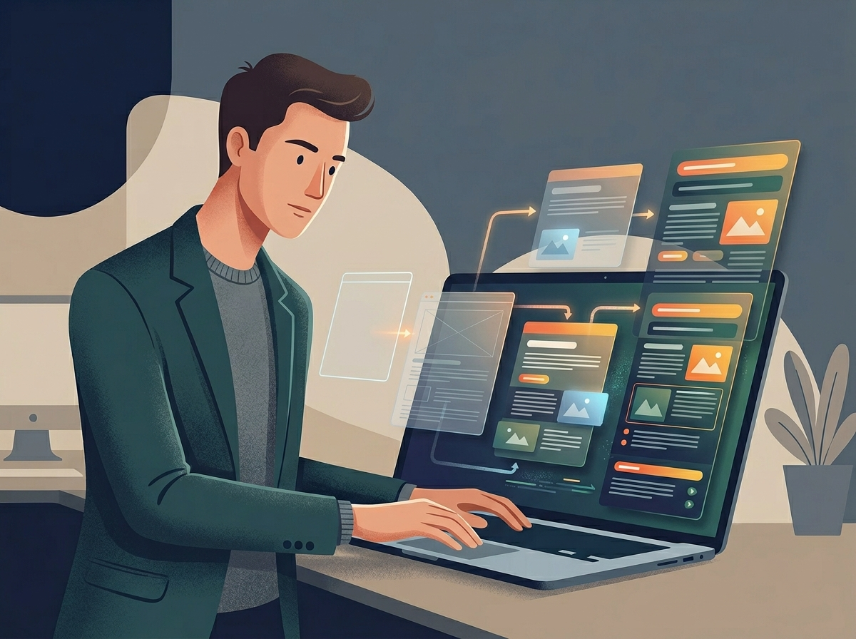 Ekspert iteracyjnie tworzący artykuł SEO w godzinę AI na ekranie laptopa.