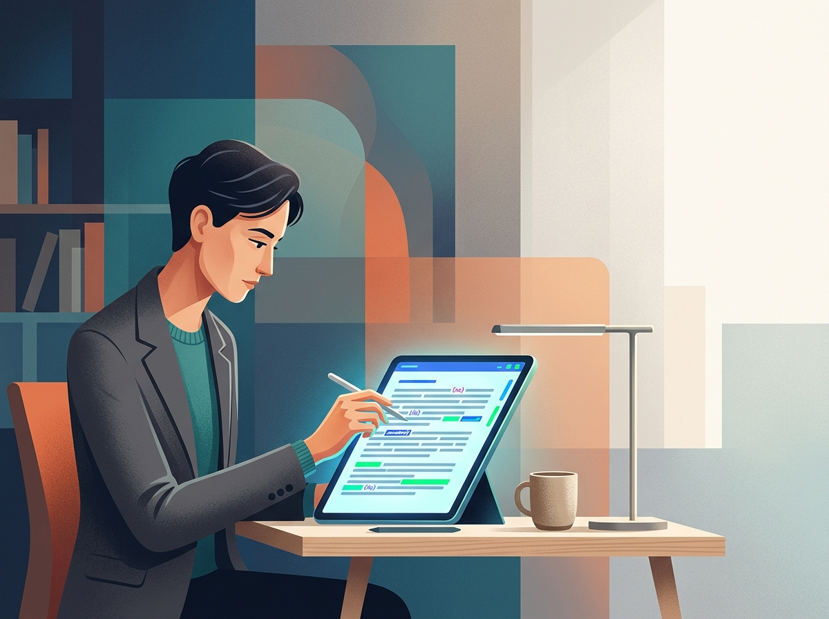 Ekspert redaguje artykuł AI na ekranie, dodając ludzki wkład w pisanie artykułów AI.