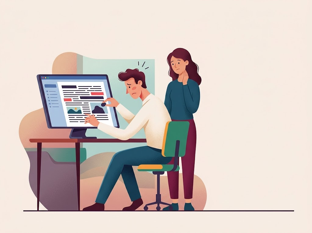 Ilustracja: osoba wciska słowa w tekst, a czytelnik odrzuca sztuczną treść, pokazując błędy NLP SEO.