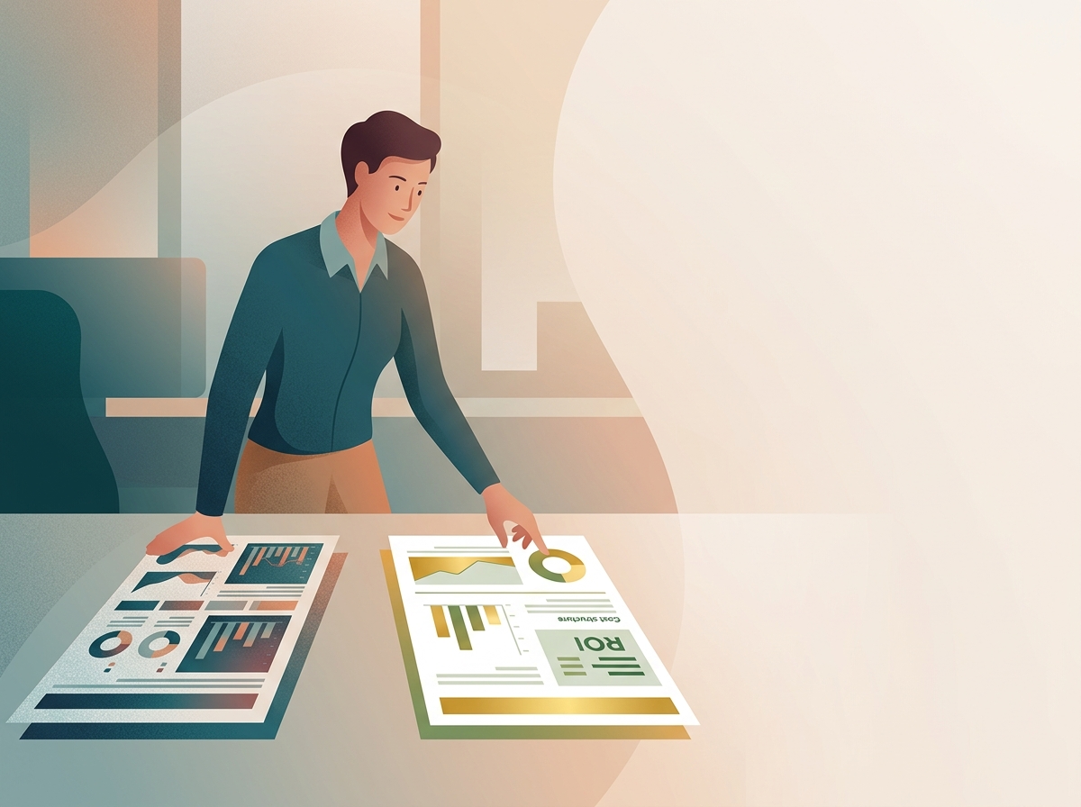 Ilustracja przedstawia osobę porównującą koszty i ROI, symbolizując wybór między Topuje.pl a NeuronWriter.