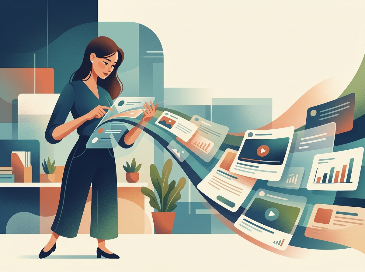 Kobieta-marketer efektywnie zarządza zautomatyzowaną strategią content marketingu, zapewniając spójność i szeroki zasięg treści.