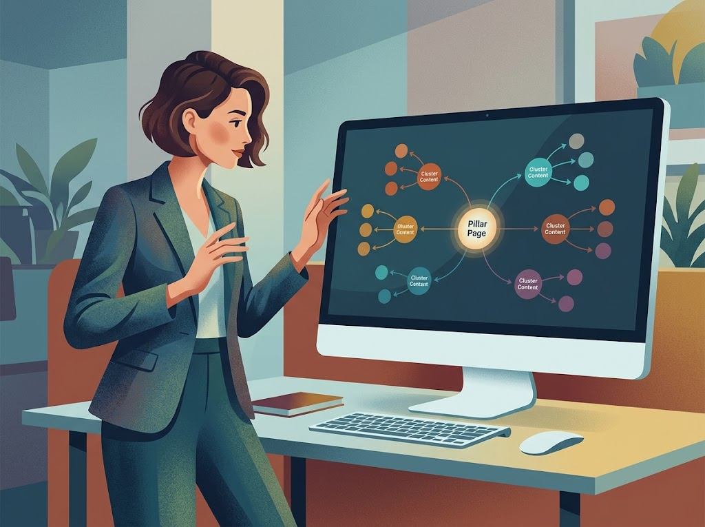 Kobieta-strateg organizuje treści, tworząc efektywną topical map SEO na ekranie.