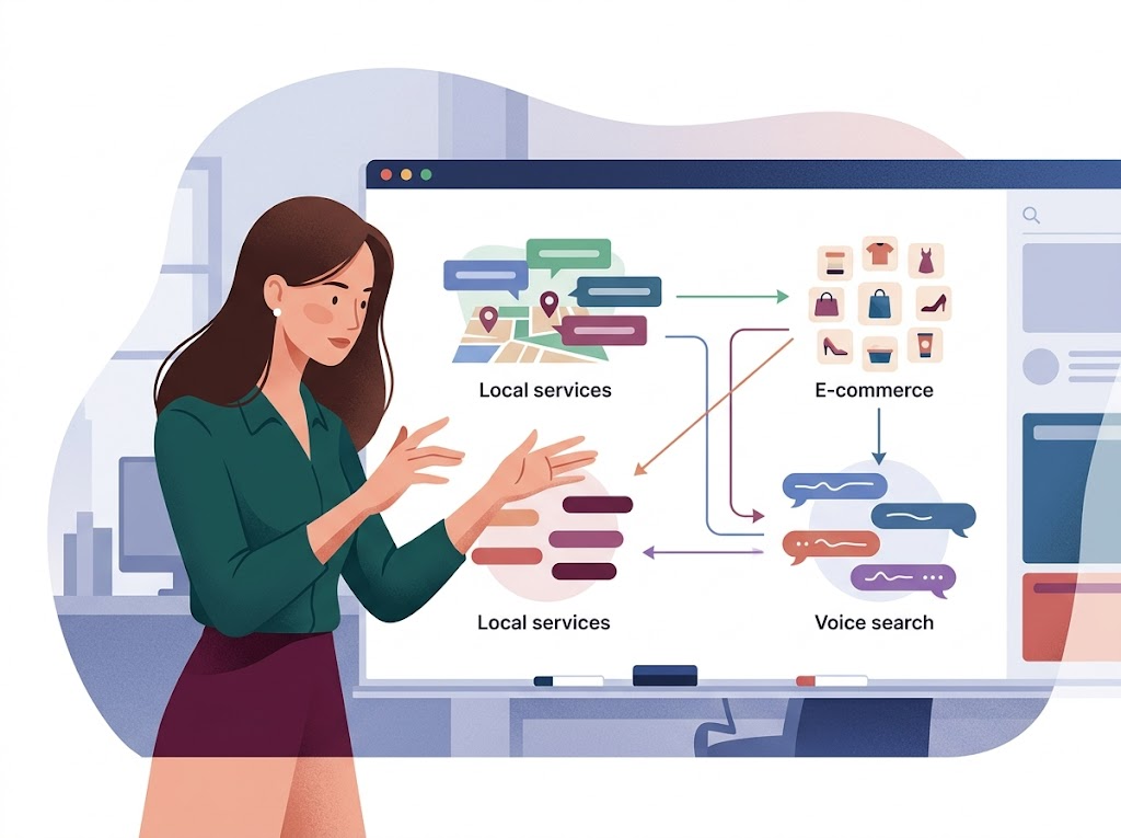 Profesjonalna ilustracja kobiety organizującej dane keyword research na interaktywnym ekranie, grupującej frazy lokalne, e-commerce i głosowe.