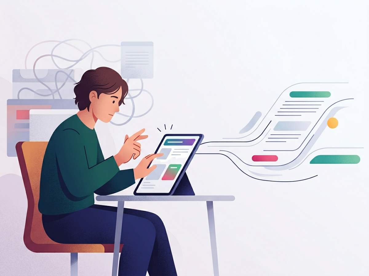 Przedsiębiorca z ulgą obserwuje płynny, zautomatyzowany przepływ treści dla content hub SEO na tablecie, symbolizujący efektywność.