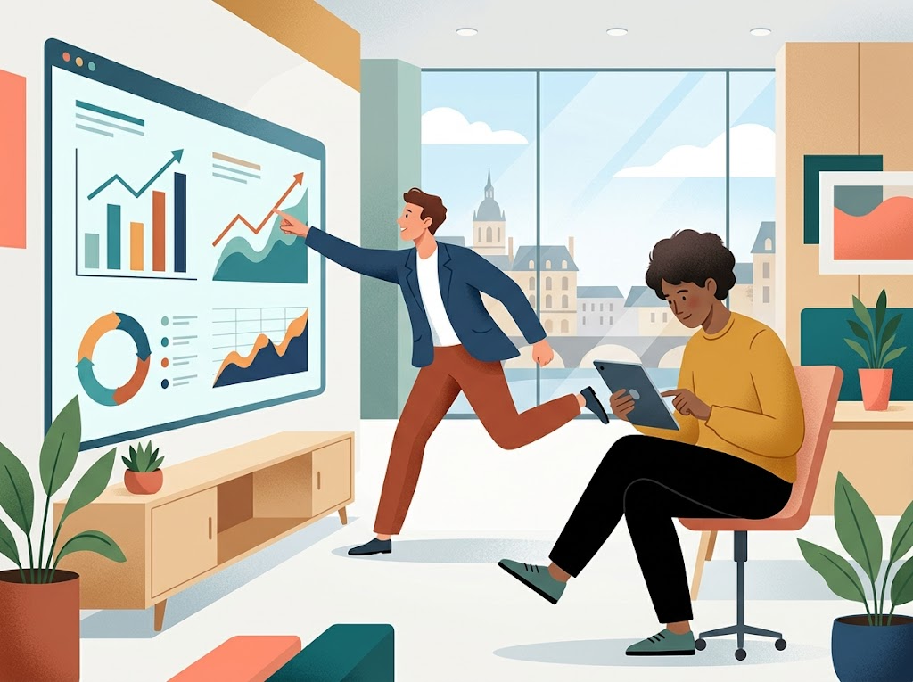 Stylizowana ilustracja osób monitorujących efekty keyword research na dynamicznym ekranie.