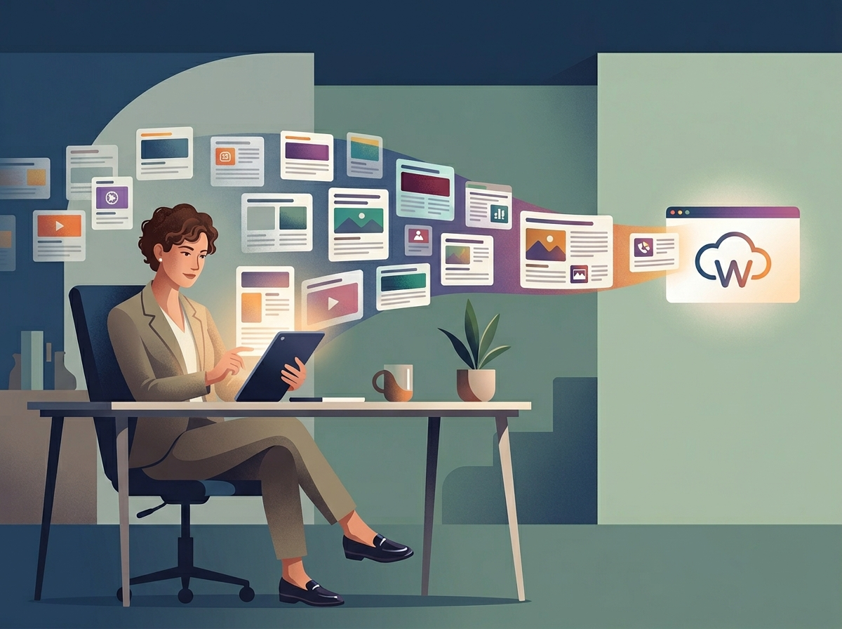 Stylizowana ilustracja osoby spokojnie korzystającej z automatyzacji bloga Topuje.pl, alternatywy dla Jasper vs ChatGPT.