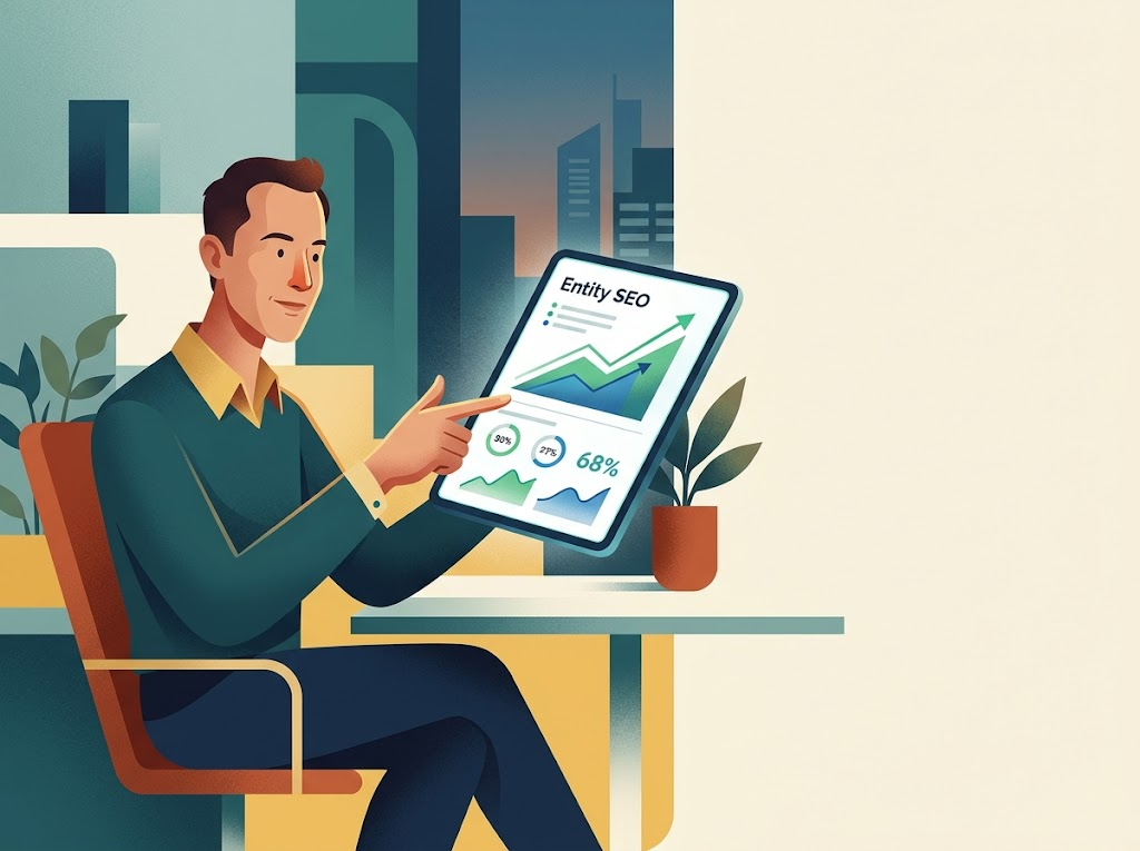 Stylizowana ilustracja profesjonalisty analizującego wykresy sukcesu entity SEO na ekranie. Wyraża pewność.