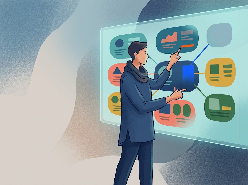 Stylizowana postać analizująca cyfrową mapę strategii treści, wizualizującą połączone topic clusters.