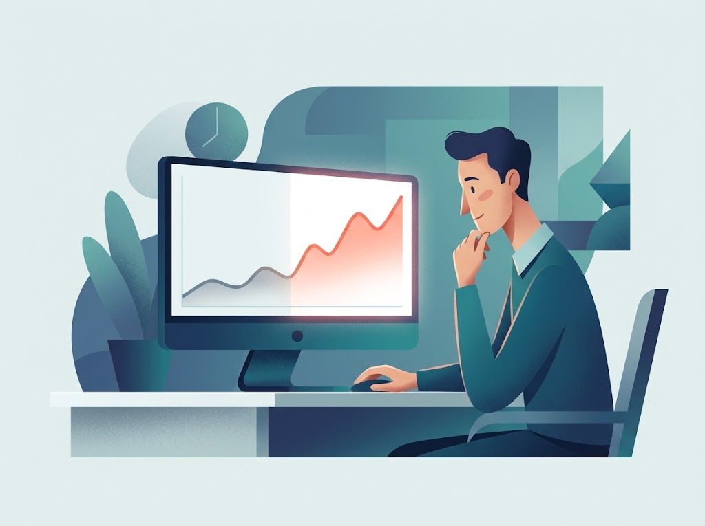 Stylizowana postać analizująca wykres wzrostu widoczności treści dzięki optymalizacji NLP SEO.