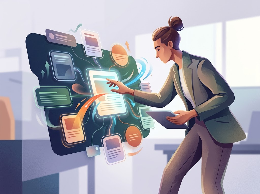 Stylizowana postać analizuje cyfrową wizualizację efektywnych topic clusters z widocznym wzrostem i połączeniami.