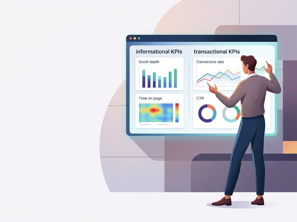 Stylizowana postać analizuje cyfrowe wykresy, rozróżniając kluczowe wskaźniki efektywności dla różnych search intent.