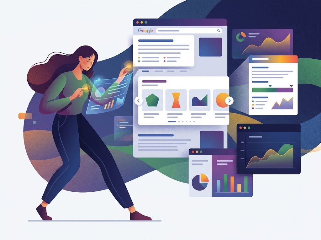 Stylizowana postać analizuje dane, otoczona abstrakcyjnymi wizualizacjami wyników wyszukiwania, symbolizującymi identyfikację search intent.