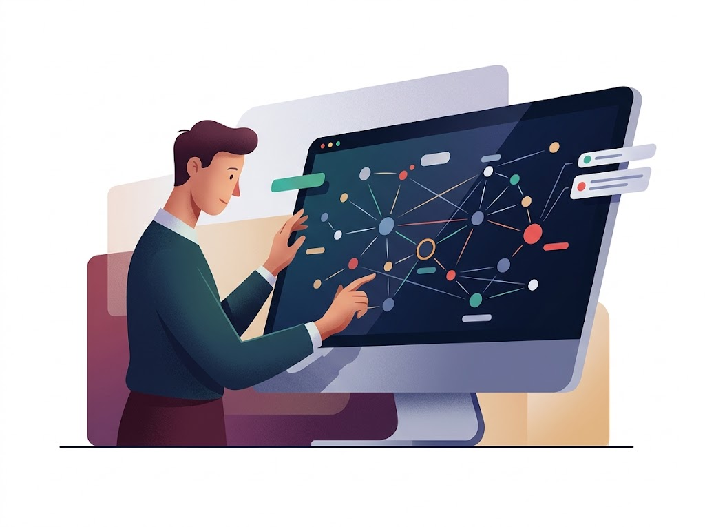 Stylizowana postać analizuje interaktywną wizualizację encji i luk semantycznych na ekranie, usprawniając entity SEO.