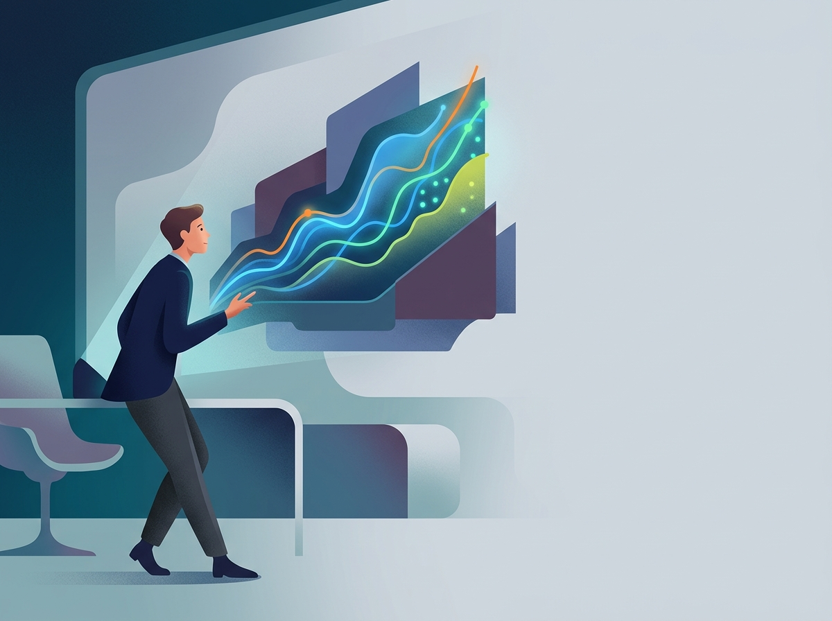 Stylizowana postać analizuje rosnący wykres, symbolizujący sukces po keyword gap analysis i strategiczne monitorowanie.