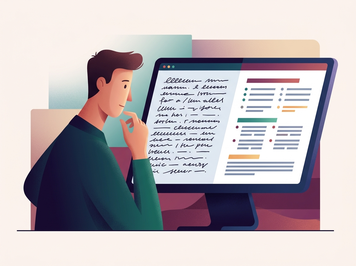 Stylizowana postać edytuje tekst na ekranie, pokazując jak pisać teksty SEO po optymalizacji.