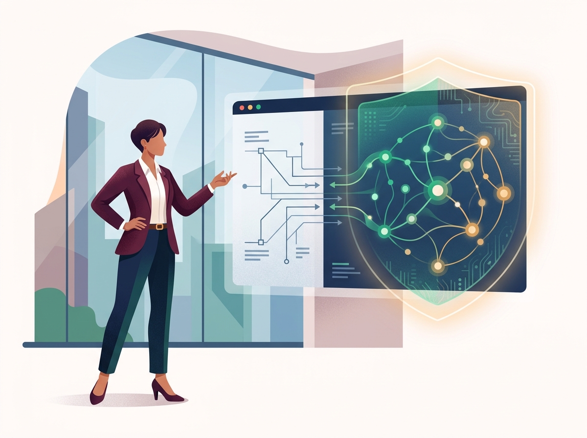 Stylizowana postać obserwuje bezpieczne, autonomiczne AI, kontrastujące z asystującymi narzędziami Jasper vs ChatGPT.