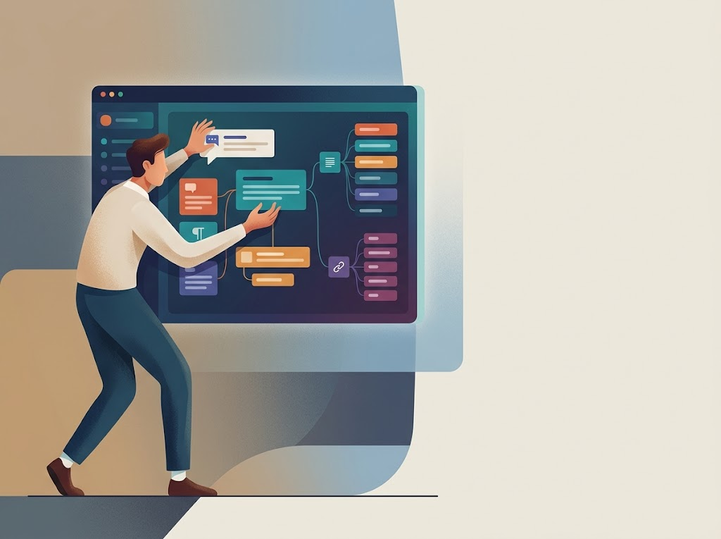 Stylizowana postać organizująca cyfrowe treści na ekranie, przedstawiająca powiązane koncepcje dla semantic SEO.