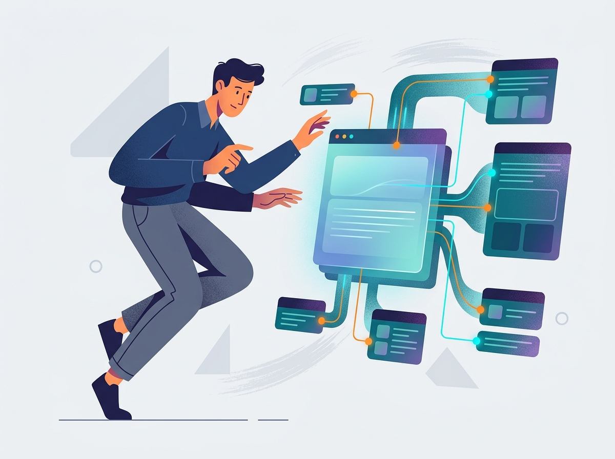 Stylizowana postać organizuje cyfrową architekturę treści, tworząc efektywny pillar page cluster.