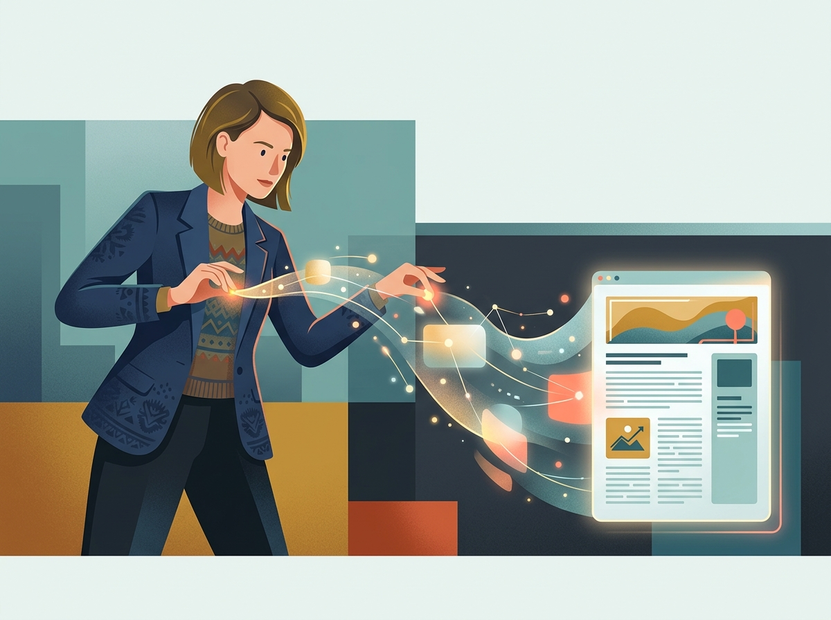 Stylizowana postać precyzyjnie kształtuje cyfrowe dane w wysokiej jakości artykuł AI, ukazując sztukę promptowania.