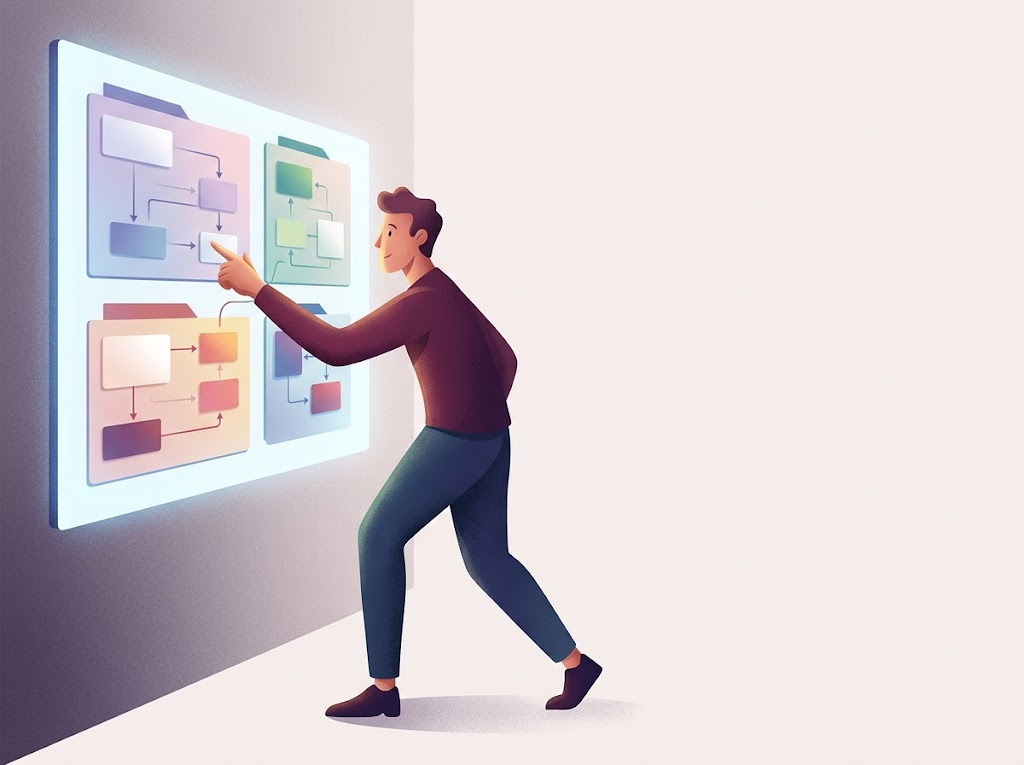 Stylizowana postać projektująca uporządkowaną strukturę witryny z wyraźnymi silosami tematycznymi SEO i wewnętrznym linkowaniem.