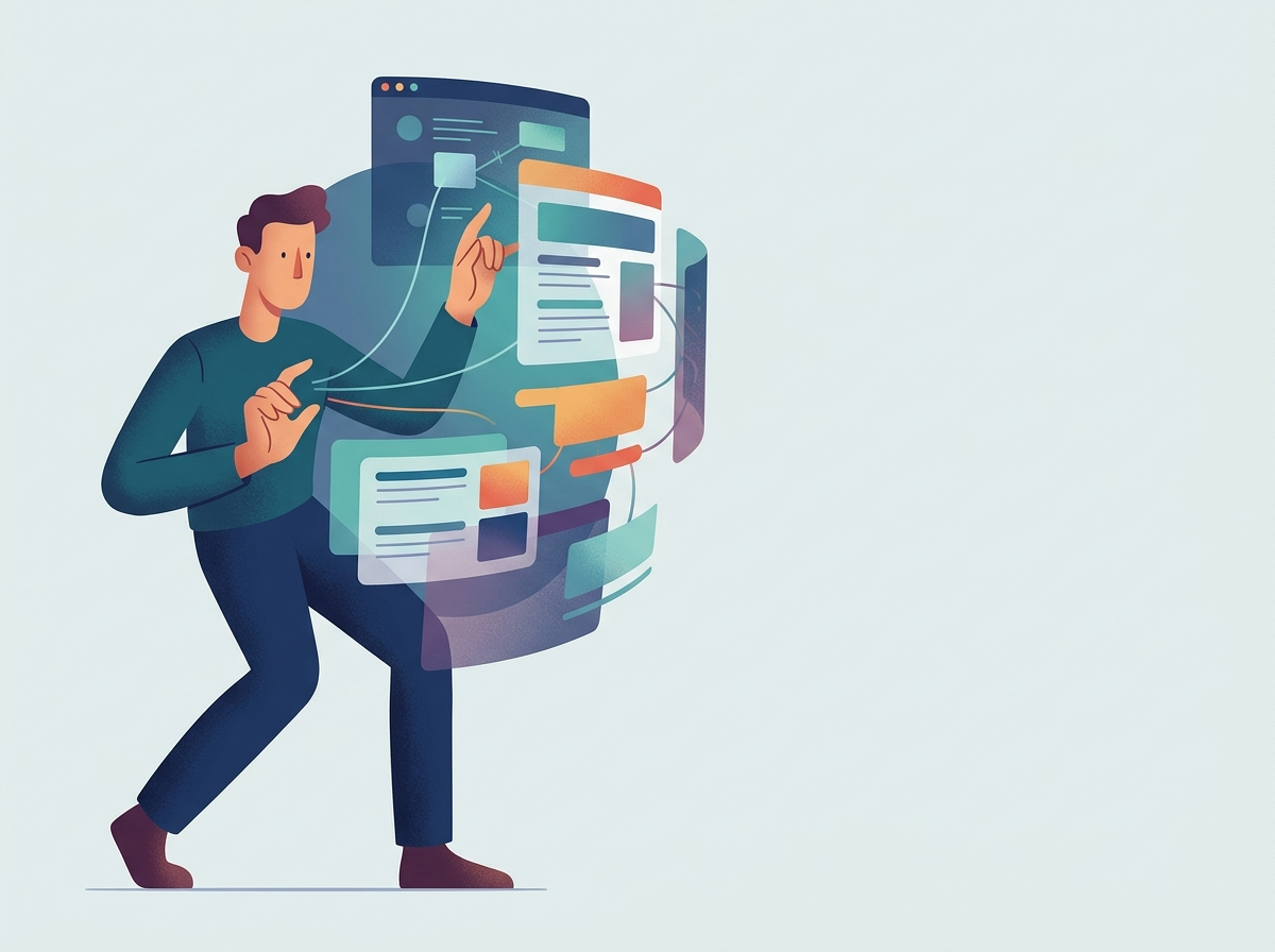 Stylizowana postać projektuje zaawansowaną strategię z wykorzystaniem prompty AI SEO i klastrów tematycznych.