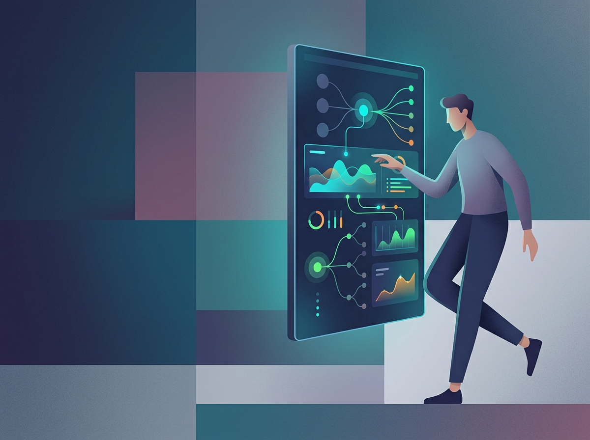 Stylizowana postać strategicznie nadzorująca cyfrową architekturę treści AI content marketing 2026, dodając ludzki wkład.