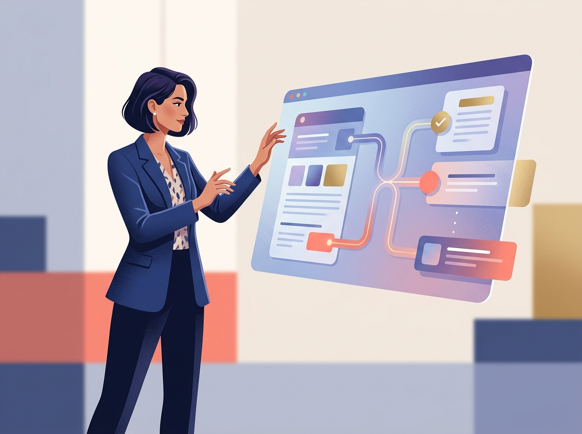 Stylizowana postać strategki optymalizuje treści dla generatywnych silników AI, kluczowych dla AI content marketing 2026.