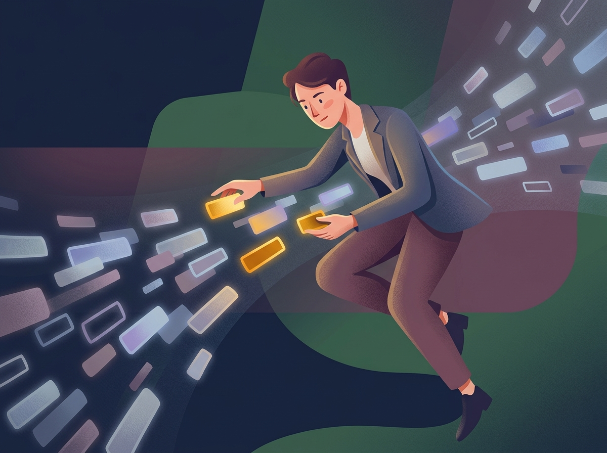 Stylizowana postać wybierająca wartościowe słowa kluczowe z wielu opcji, symbolizując skuteczną keyword gap analysis.