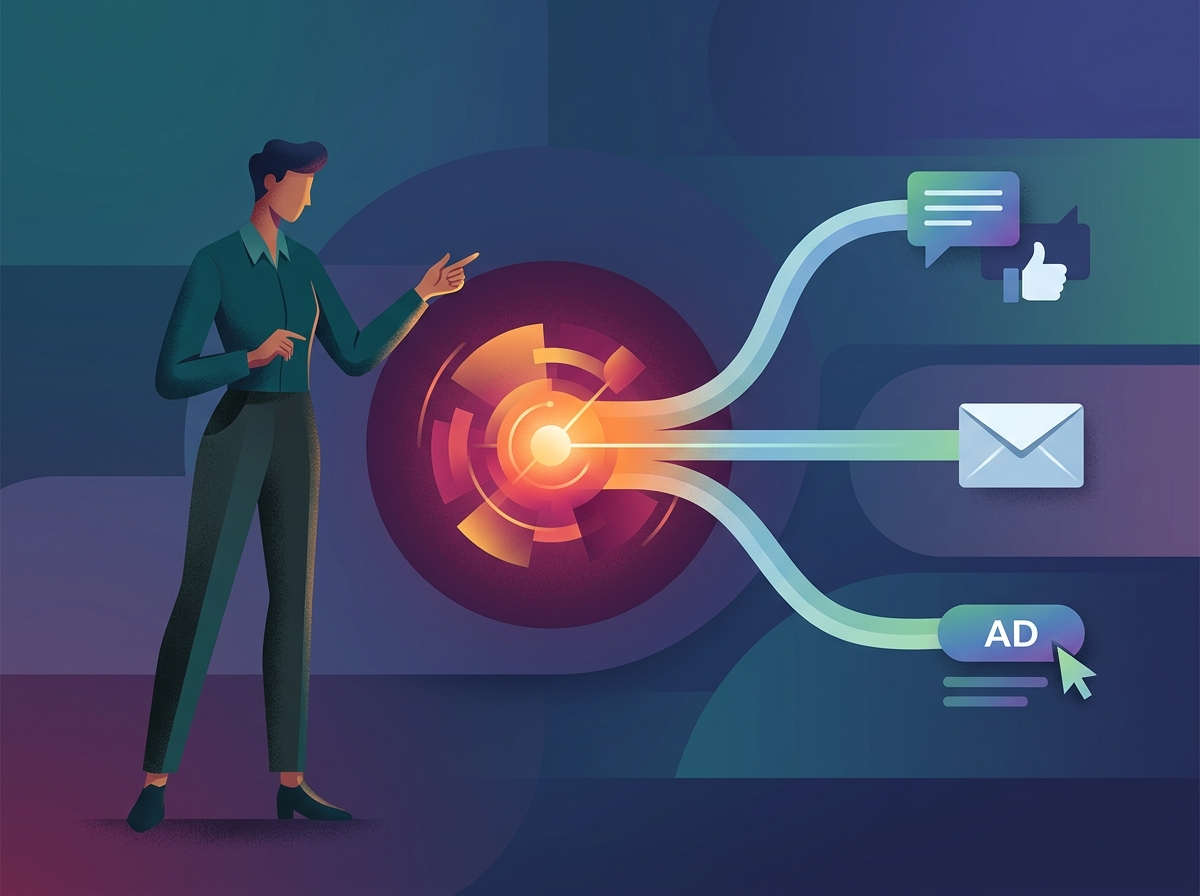 Stylizowana postać zarządza zintegrowanym systemem content hub SEO, unikając pułapek dystrybucji treści.