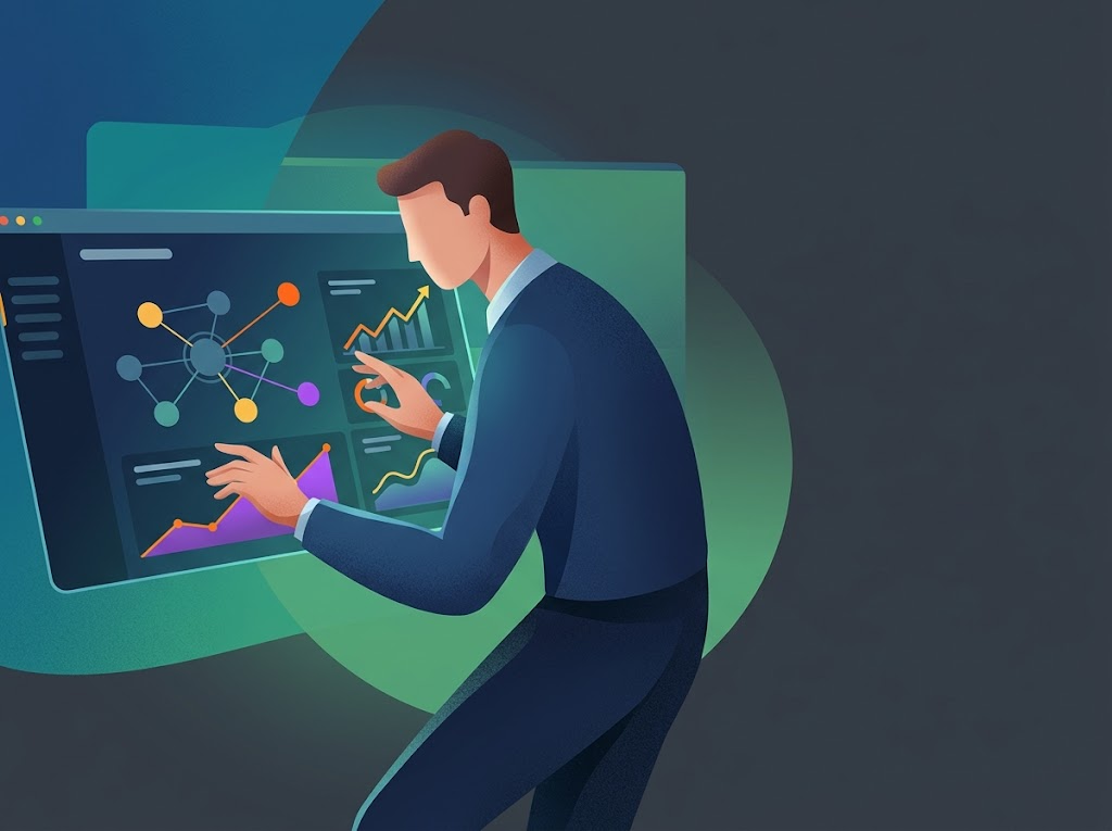 Stylizowany analityk biznesowy przeglądający dane ROI z klastrów tematycznych semantic SEO na cyfrowym pulpicie nawigacyjnym.