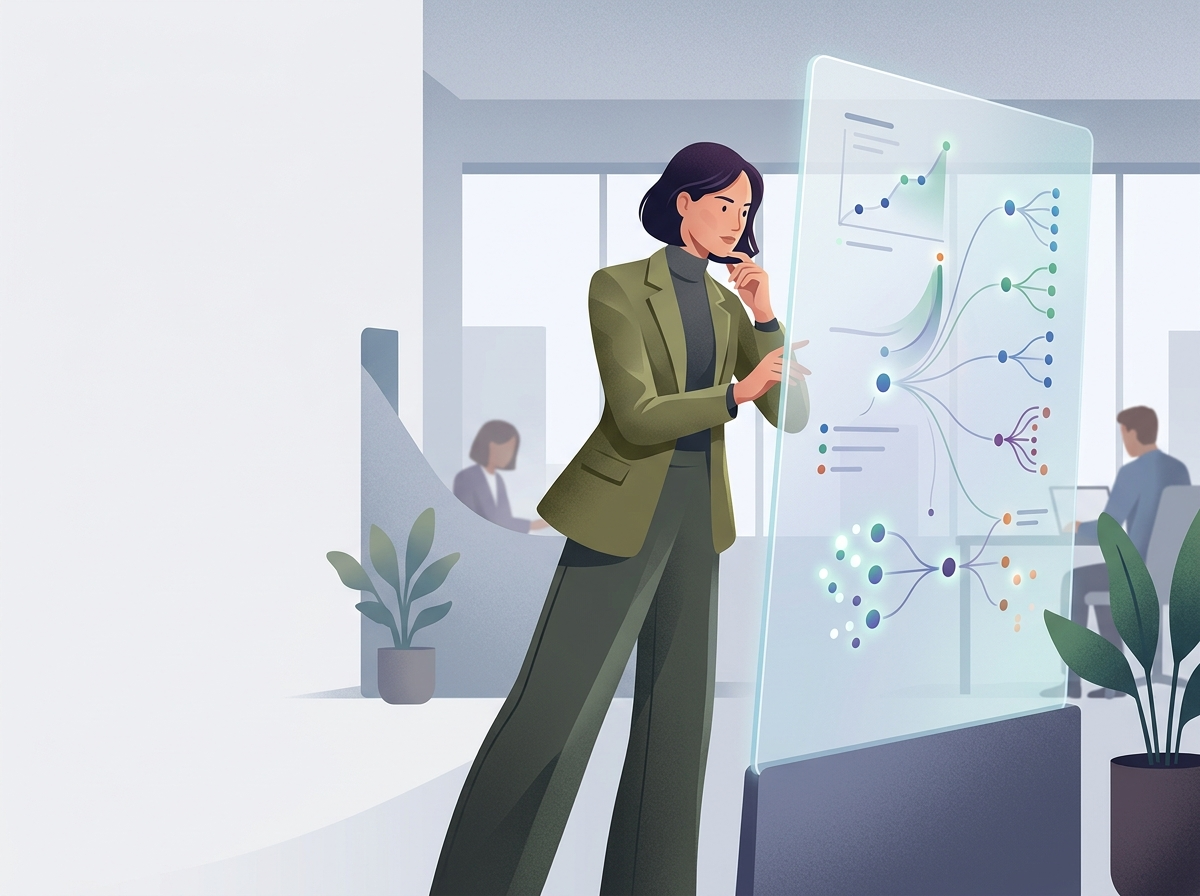 Stylizowany analityk interpretuje dane, wizualizując ścieżkę użytkownika i ROI strategii pillar page cluster.