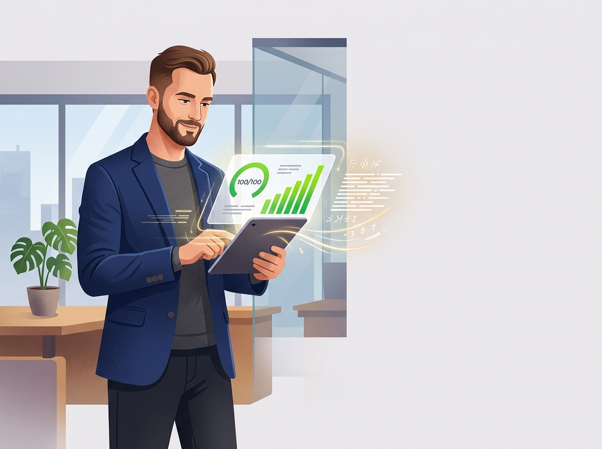 Stylizowany biznesmen zadowolony z wysokich wyników SEO na tablecie, unikający kary Google za AI content.