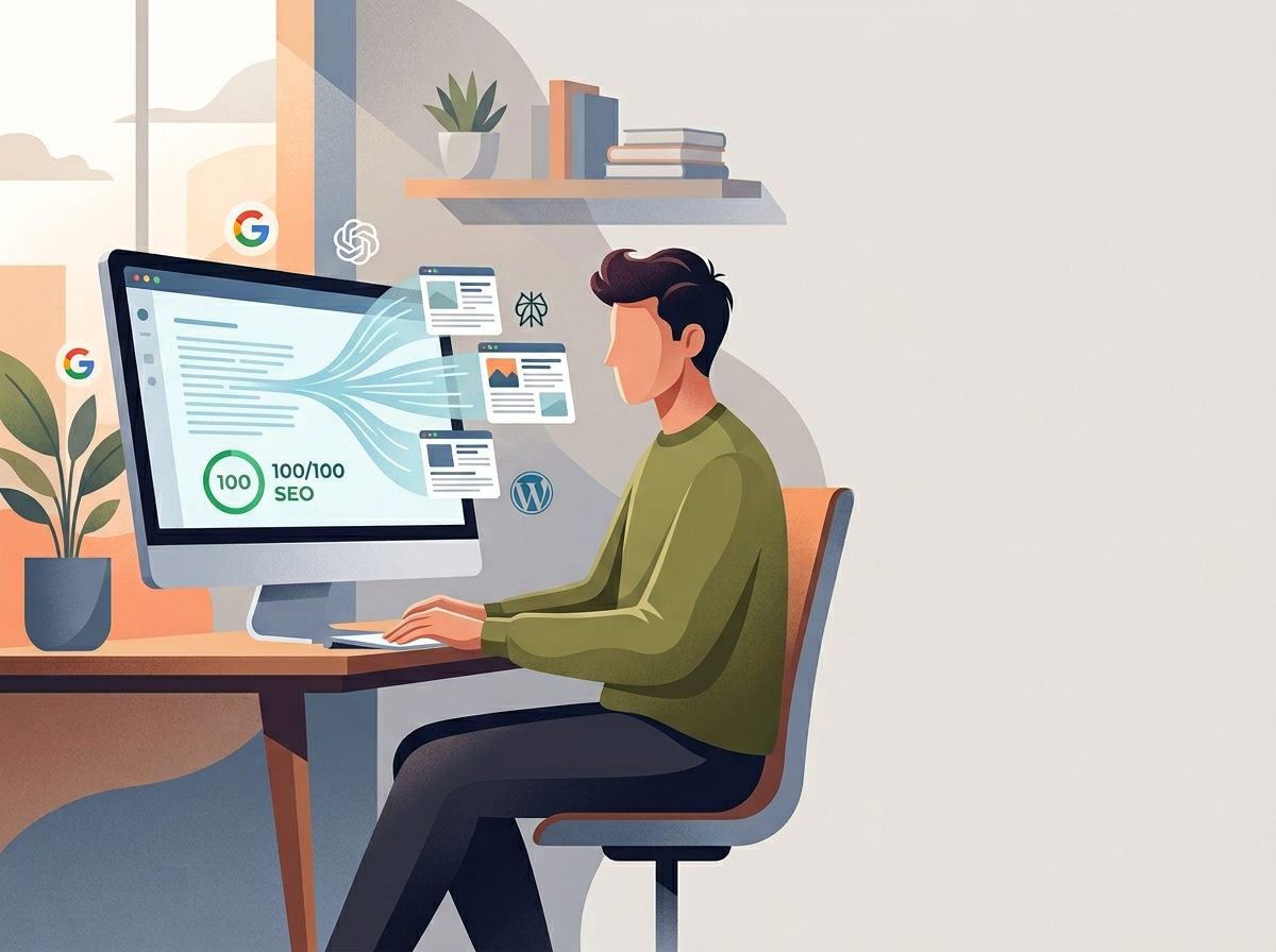 Stylizowany marketer spokojnie obserwuje ekran AI generującego zoptymalizowane treści, symbolizując skuteczną strategia content marketingu.