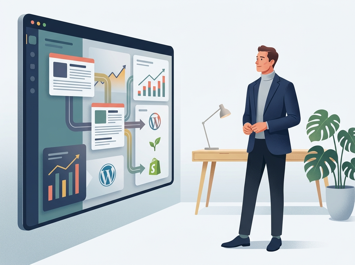 Stylizowany menedżer biznesu patrzy na ekran, gdzie Topuje.pl automatyzuje treści SEO, w kontekście Topuje vs NeuronWriter.