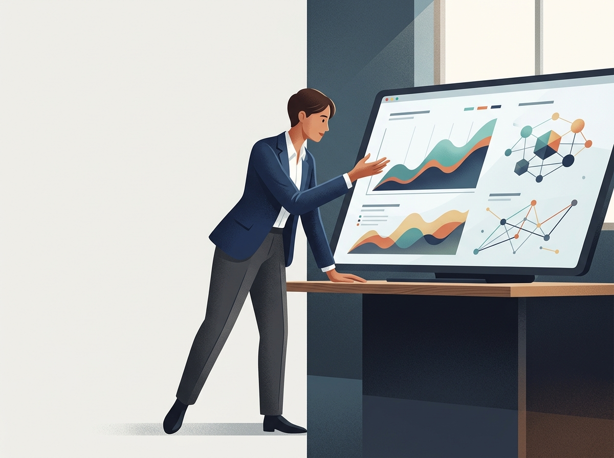 Stylizowany profesjonalista analizuje dane na ekranie, obrazując wzrost topical authority i zrozumienie strategii.
