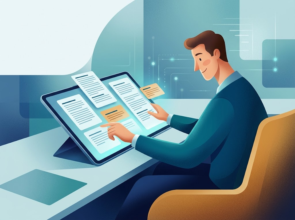 Stylizowany przedsiębiorca z zadowoleniem zarządza obfitą treścią dla skutecznej topical map SEO.