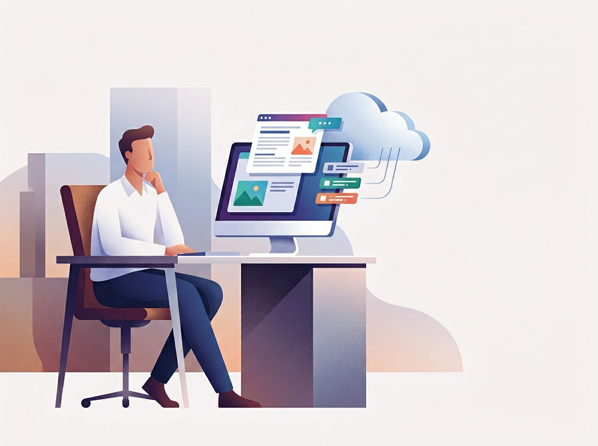 Zrelaksowany biznesmen obserwuje na ekranie automatyczne tworzenie treści SEO, bez konieczności promptów AI SEO.